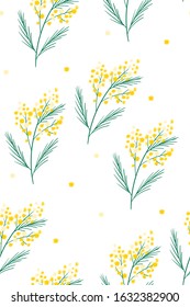 Mimosa flowers, seamless pattern. Spring yellow flowers. Vector illustration. 8 march. International Women's Day. For textile print, wrapping paper