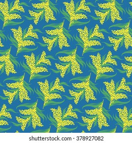 
Mimosa flowers seamless pattern. Yellow floral and blue background. Colorful vector illustration. 