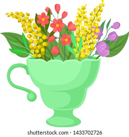 Mimosa in a green mug. Vector illustration on white background.