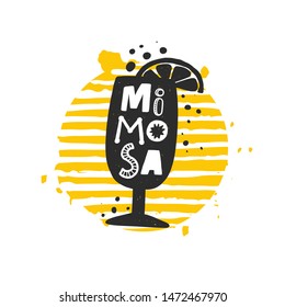 Mimosa grunge style banner template. Cocktail glass with lemon slice silhouette on striped round frame with stylized lettering, ink drops. Nightclub, restaurant menu, poster design element