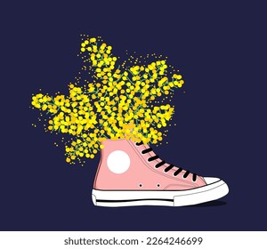 mimosa  and shoes. Pink sneakers with flowers on a dark background.  Drawn sneakers in beautiful colors. Delicate print for women's clothing, notebooks and more. Vector illustration