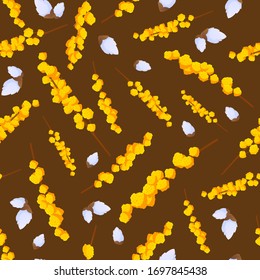 Mimosa tree flowers branches seamless pattern. Vector background design for greeting and advertising products.