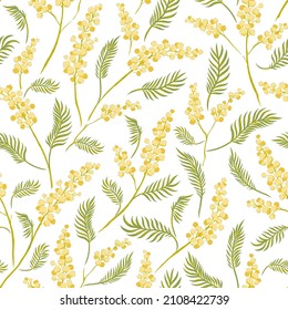 Mimosa yellow flower branches hand drawn vector seamless pattern. Vintage Romantic Spring Garden Bloom background. Retro floral print for Easter spring design