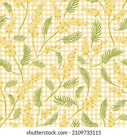 Mimosa yellow flower branches on Gingham plaid background hand drawn vector seamless pattern. Vintage Romantic Spring Garden Bloom background. Retro floral farm style print for Easter spring design