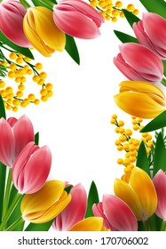 Mimosas and tulips frame design template
