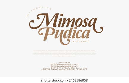 Mimposa premium luxury elegant alphabet letters and numbers. Vintage wedding typography classic serif font decorative vintage retro. creative vector illustration