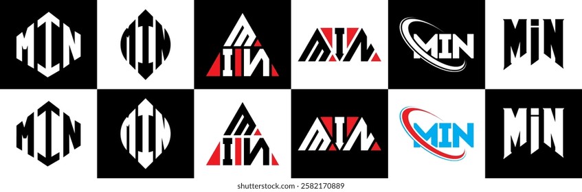 MIN letter logo design in six style. MIN polygon, circle, triangle, hexagon, flat and simple style with black and white color variation letter logo set in one artboard. MIN minimalist and classic logo