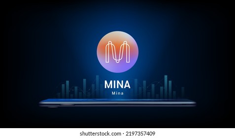 Mina crypto currency token symbol come out from smartphone. Coin icon on dark background. Trading cryptocurrency in stock market on application. For website or banner. Vector illustrator.
