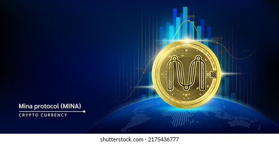 Mina protocol gold coin. Token cryptocurrency future. Blockchain stock market and crypto currencies. Blank screen empty space for advertise text. Banner for news on world map. Vector EPS10.