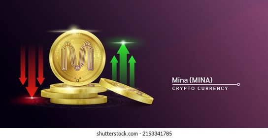 Mina token cryptocurrency banner. Futura moneda en el mercado bursátil de blockchain con flechas rojas-verdes arriba y abajo. Monedas de oro cripto monedas. Cartel de noticias de fondo morado. Vector 3D.