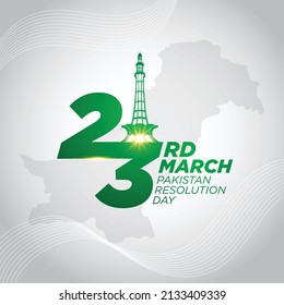 Minar E Pakistan On Green Background With Pakistan Flag Poster Design Concept. 23rd March Pakistan Resolution Day.