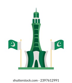 minar e pakistan tower with flags isolated