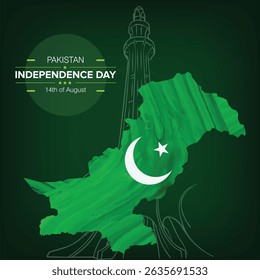 Minar-e-Pakistan and map, pakistan independance day, social media banner with dark green background