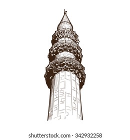 Minaret as an architectural element of the Islamic religious art. Sketch isolated on white background. EPS10 vector illustration.