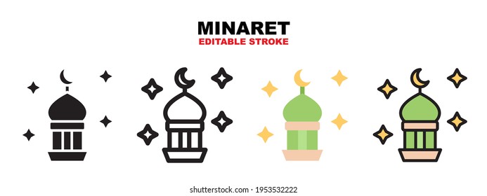 Minaret icon set with different styles. Icons designed in filled, outline, flat, glyph and line colored. Editable stroke and pixel perfect. Can be used for web, mobile, ui and more.