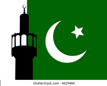 Minaret of mosque against Pakistani Flag