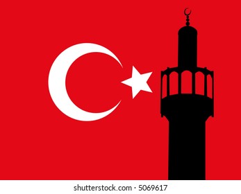 Minaret of mosque against Turkish Flag illustration
