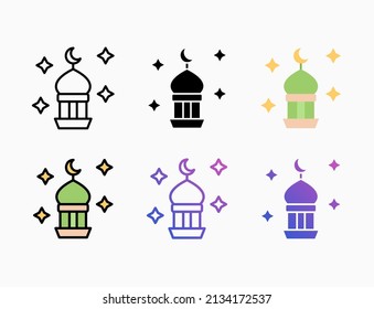 Minaret Mosque icon set with line, outline, flat, filled, glyph, color, gradient. Editable stroke and pixel perfect. Can be used for digital product, presentation, print design and more.