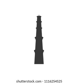 Minaret Qutb Minar, vector illustration, india, tower, silhouette flat, isolated elent, black white