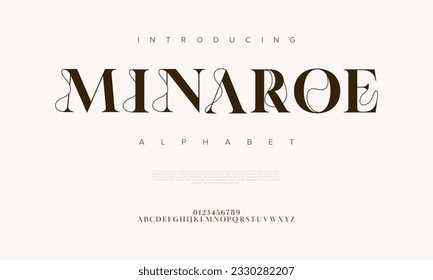 Minaroe premium luxury elegant alphabet letters and numbers. Elegant wedding typography classic serif font decorative vintage retro. Creative vector illustration