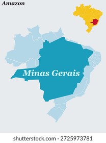 Mapa de Minas Gerais Brasil - Estado do Sudeste, Belo Horizonte Capital e Industrial Heartland Vetor Outline