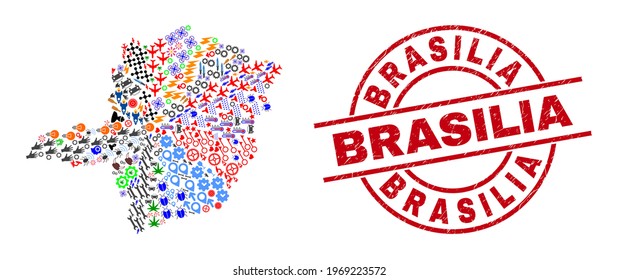 Minas Gerais State map collage and Brasilia red round stamp print. Brasilia stamp uses vector lines and arcs. Minas Gerais State map collage includes gears, houses, screwdrivers, suns, hands,