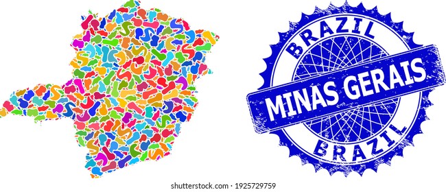 Minas Gerais State mapa de ilustración plana. Mapa de mosaico de salpicaduras y sello corroido para el estado de Minas Gerais. Marca azul rosetón nítida con texto para el mapa del estado de Minas Gerais.