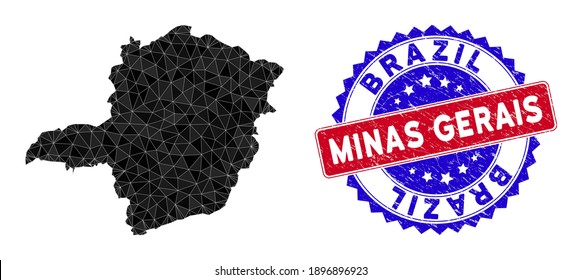 Minas Gerais State map polygonal mesh with filled triangles, and rough bicolor rubber seal. Triangle mosaic Minas Gerais State map with mesh vector model, triangles have randomized sizes,