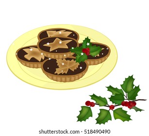 mince pies on a plate and a holy tree branch vector