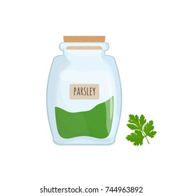 Minced and dried parsley stored in glass jar isolated on white background. Aromatic herb, tasty food spice, herbal cooking ingredient in transparent kitchen pot. Colorful flat vector illustration.