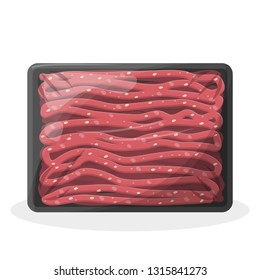 Minced meat in container. Fresh beef in package. Uncooked pork. Isolated vector illustration in cartoon style