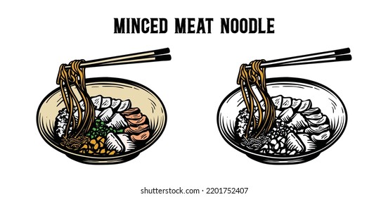 Minced meat noodle illustration hand draw logo vector. Eat noodles with chopsticks in the restaurant symbol icon vector