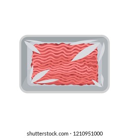 Minced meat in the package with transparent wrap, food plastic tray container vector Illustration on a white background