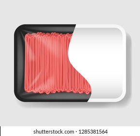 Minced meat in plastic tray container with cellophane cover. Mockup template for your design. Plastic food container with clear white label template. Vector illustration.