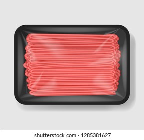 Minced meat in plastic tray container with cellophane cover. Mockup template for your design. Plastic food container. Vector illustration.