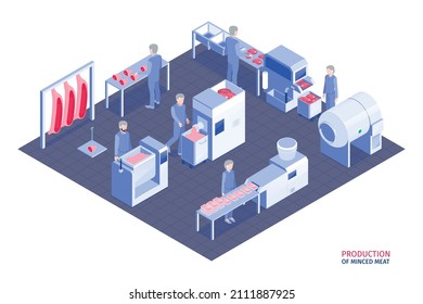 Proceso de producción de carne picada de corte a envasado en fábrica con trabajadores y equipo automatizado Ilustración vectorial isométrica 3d