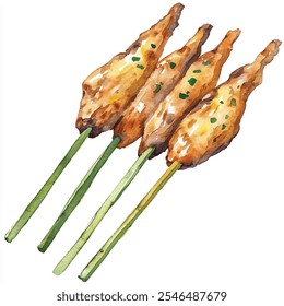 Minced Meat Satay watercolor clipart illustration