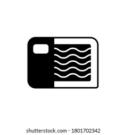 Minced meat. Silhouette icon of ground-meatin rectangular packaging with label. Black simple illustrationof semi-finished meat products. Flat isolated vector pictogram on white background