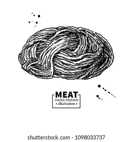 Minced Meat Vector Drawing. Hand Drawn Ground Beef, Pork, Chicken Forcemeat. Raw Food Ingredient. Vintage Sketch. Butcher Shop Product. Great For Label, Restaurant Menu. 