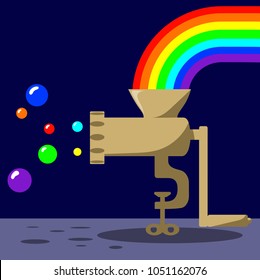 The mincer twists the rainbow into colored bubbles.  Vector illustration.