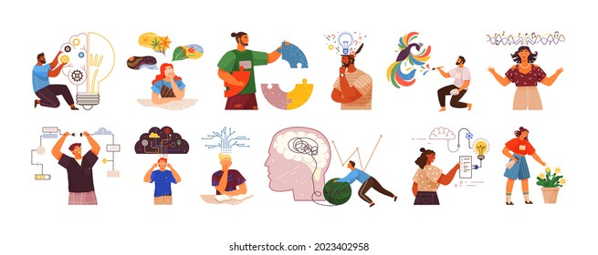 Mind Behavior Concept. Creative Thinking. People With Different Mental Mindset Types Or Models Creative. Abstract Inner Thought Process And Emotional Activity. Personality And Mental Mindset Types