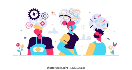 Mind behavior concept, flat tiny persons vector illustration. Abstract inner thought process and symbolic emotional activity. Personality and mental mindset types. Personal attitude and lifestyle.