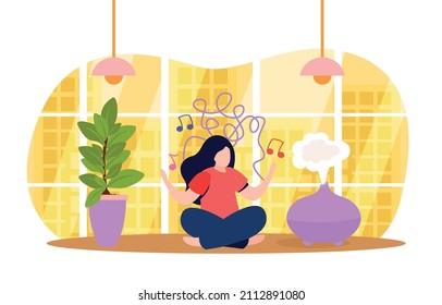 Mind behavior flat colored composition woman meditating in the lotus position with soothing music and an aroma lamp in a peaceful environment vector illustration