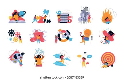 Mind behavior flat colored icon set managing ones own affairs through various meditation techniques planning creativity reading scientific literature and other things vector illustration