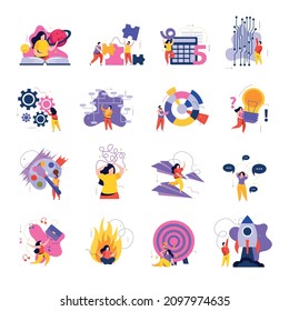 Mind behavior flat colored icon set different types of human behavior during the period of making important decisions rest and learning new information vector illustration