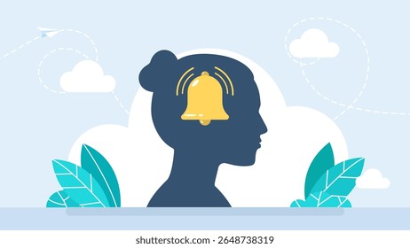 Mente com sino dentro. Dentro do conceito de gestão do tempo da cabeça da mulher. Autoconsciência, estado psicológico em individualidade de comportamento ou sentimento. Tensão do prazo e atraso. Ilustração vetorial