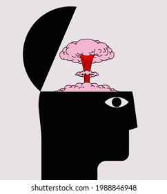 Mind blowing concept with human head silhouette with opened braincase and nuclear explosion silhouette isolated on white background. Vector illustration