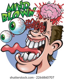 Mind blowing excited man head exploding eyes popping out vector cartoon illustration    