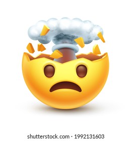 Mind blown emoji. Exploding head emoticon, shocked sad yellow face with brain explosion mushroom cloud 3D stylized vector icon