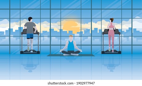 Ejercicio mental y corporal. Meditador sentado en una alfombra de yoga en el gimnasio, entre una cinta de correr. Atención de otras personas por atención, disciplina, conocimiento del aliento y alivio del estrés.